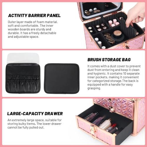 Makeup Case with Drawer, Detachable Lighted LED Mirror, Travel Vanity Organizer, Portable Cosmetic Train Case, Lockable Makeup Suitcase with Adjustable Dividers, Shoulder Strap, Brush Holder