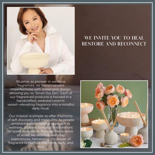 Blueme Romance Candle | Oakmoss & Sandalwood | 4 Wick - Refillable Wellness Candle with Essential Oils, Hand Finished & Poured Soy Wax Blend Ceramic Vessel, Natural Cotton Wicks | Large 24 oz