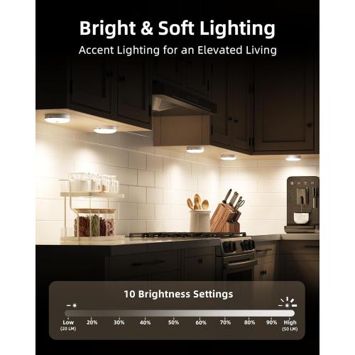 6 Pack White EZVALO 6-Pack Under Cabinet Lighting, Rechargeable Motion Sensor Puck Lights with Remote, 3 Color Temps &12 RGB Colors, Magnetic Stick on Light, Dimmable Under Counter Lights for Kitchen, Shelf, Stair