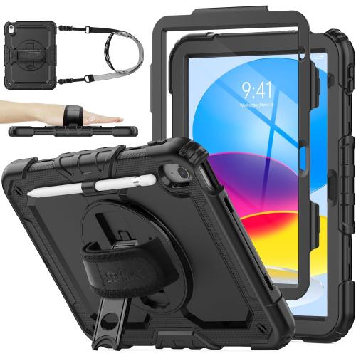 SEYMAC stock Case for iPad (A16) 11th/10th Generation 11''/10.9'' 2025/2022, Full-Body Drop Protection Case with Screen Protector &360° Rotate Hand Strap/Stand, Black
