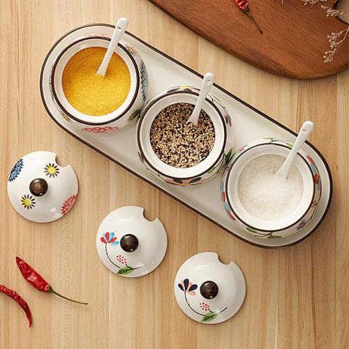 Set of 2 and Ceramic Condiment Jars with Lid Spoon and Tray, Modern Elegant Spice Container Sugar Bowl Seasoning Jars for Home and Kitchen Counter (Red)