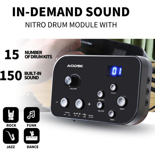 AODSK Electric Drum Set for Beginner Kids with 150 Sounds,4 Quiet Drum Pads,2 Pedal,Throne,Sticks,Electronic Drum with Headphone,AED-400