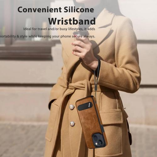 Magnetic for iPhone 14 Leather Case, for iPhone 13 Phone Case, Built-in Stand, Compatible with MagSafe, Silicone Strap, TPU Interior Protective, Shockproof Slim Cover (Brown)