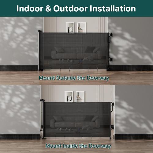 Cumbor 27-40 Retractable Baby Gates for Stairs & Doorways, Indoor Outdoor | Hardware Mounted Mesh Dog & Pet Gate, Easy Walk Through, One-Hand Operation, Anti-Crawl Adjustable Safety Gate for Dog, Black