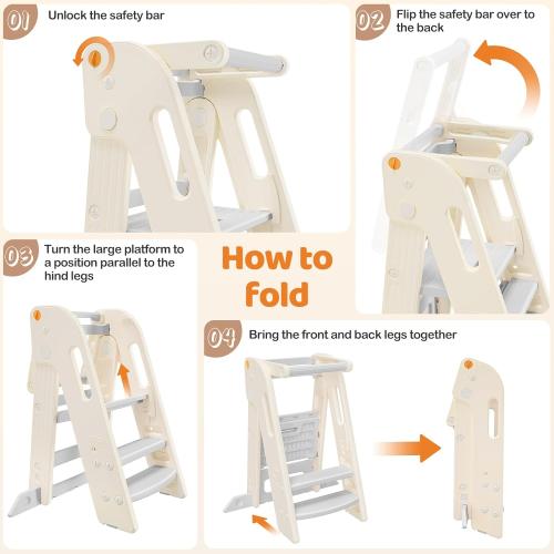 Onasti Foldable Toddler Tower Kitchen Stool Helper, Adjustable Height Learning Standing Tower with Safety Rail, Anti-Slip Steps, Kids Step Stool for Kitchen Counter and Bathroom Sink-Grey ‼️could be missing or broken pieces ‼️