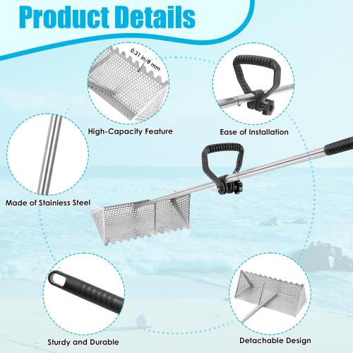 Sand Flea Rake, Detachable Sand Flea Rake, The Shark Tooth Screen Comes with A 16-Inch-Wide Drain Screen with A 51-Inch Handle(Water Bucket not Included)