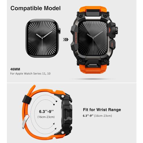ULTIMAL Rugged Case with Band for Apple Watch 46mm,Compatible with Apple Watch Series 11/10, Military Grade Shockproof Bumper Cover for iWatch Tactical Band Men (46mm,Orange)