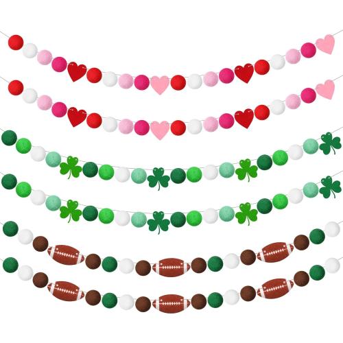 Moukeren 6 Pcs St. Patrick Day Banner 39 ft Felt Shamrock Garland Pre-Assembled Football Pom Pom Felt Banner Tailgate Party Decorations for Home Wall Mantle Office Anniversary Irish Holiday Decor