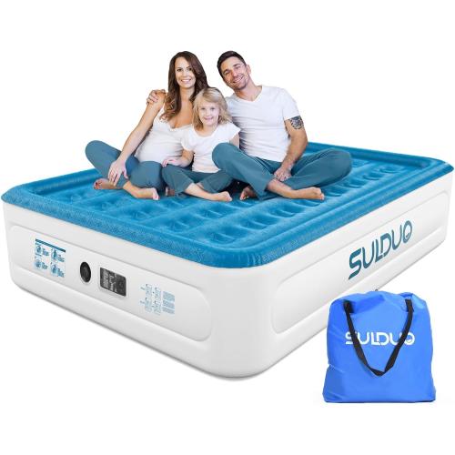 Luxury Air Mattress Queen with Built in Pump, 18'' High Double Blow Up Mattress, Self Inflating Air Bed with Flocked Top and Carry Bag, Durable Portable Airbed for Home Guest and Camping, Blue