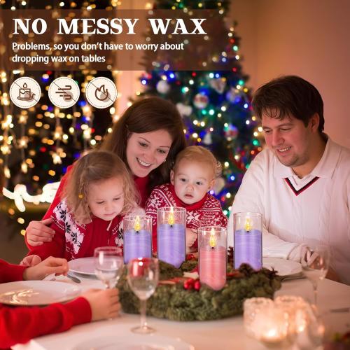 BBTO Christmas Flameless Advent Candles Set of 4, LED Advent Pillar Candles Battery Operated Purple Pink Acrylic Flameless Votive for Seasonal Celebration Rituals Festival Church Decor(3 x 5 Inches)