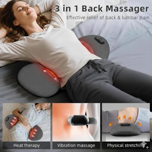 3 in 1 Back Massager for Spine and Lower Back, Electric Lumbar Massager with Heat, Spine Massage Pillow with Traction Support for Home and Office Comfort (Grey)