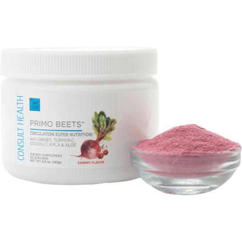 Consult Health Primo Beets - Beet Root Powder Drink Mix with Electrolytes - Nitrates to Support Circulation - Energy Boost - Ginger & Turmeric - for Men & Women - Cherry Flavor - 30 Servings