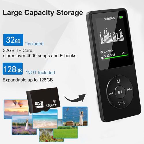 MP3 Player with Bluetooth 5.0, 1.8 inch Screen Portable Music Player with HD Speaker, HiFi Music Supports FM Radio, Voice Recorder, Supports Expanded Up to 128GB(Black, 32GB)