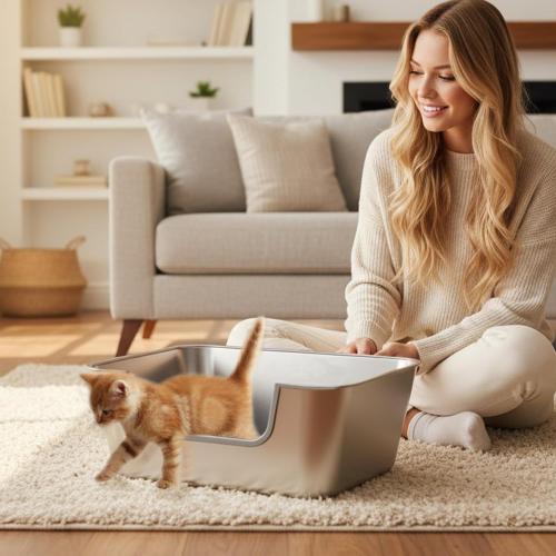 Stainless Steel Cat Litter Box with Low Entry,Litter Pan for Big Kitty and Multiple Cats,Easy to Clean,Non-Stick,Odor-Free,Suitable for Kittens,Senior Cats and Injured Pets,23.6x15.7x5.9