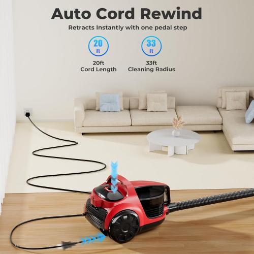1600W Canister Vacuum Cleaner, Bagless Vacuum Cleaner with 45kPa Strong Suction, 4L Large Dust Cup, Variable Speed Control, 5 Tools, Lightweight Canister Vacuum for Home, Pet, Carpet, Hard Floor, Red