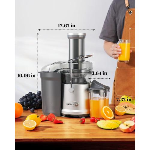 GDOR 1200W Juicer, 3.2 Wide Chute, Titanium-Enhanced Blade, Heavy-Duty Copper Motor, Dual Speed Centrifugal Juice Extractor, BPA-Free, Silver