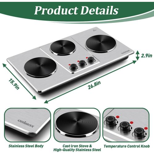 Cusimax Hot Plate,Countertop Triple Burner with 7″Cast Iron Cooktop,Electric Hot Plate for Cooking,11 Level Temperature Setting