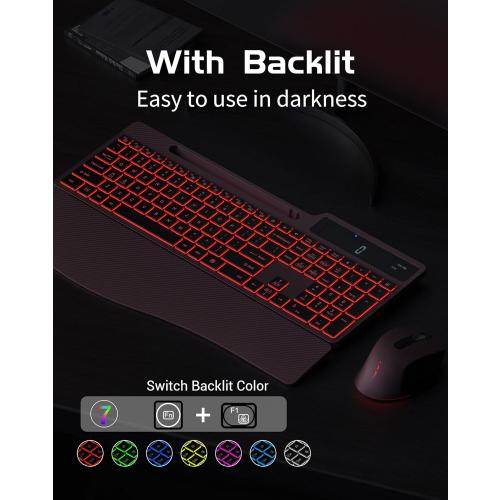 Pink and Black Wireless Keyboard Mouse Combo, Full Size Ergonomic Keyboard with Backlit, Wrist Rest, Calculator, Phone Holder, 2.4Ghz Silent Cordless Rechargeable Keyboard & Mouse for Laptop, PC (Pink Black)