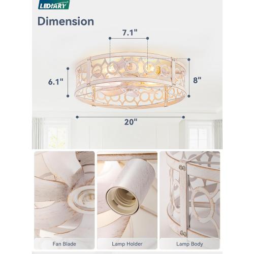 LEDIARY 20in Caged Low Profile Ceiling Fan Light with Remote White Gold
