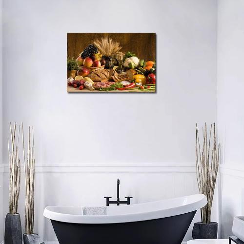 Food Wall Art Fruit Canvas Dining Room Brown Picture Kitchen Wall Decor Various Fruit Bread in Basket On The Table Picture Print On Canvas Food for Living Room Office Home Decor