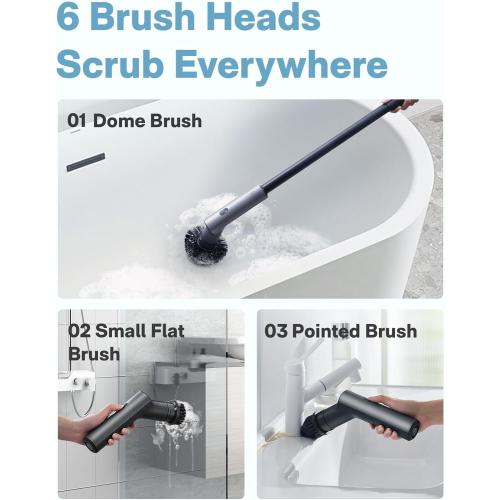 HOTO Cordless Electric Spin Scrubber, IPX7 Full Body Waterproof Bathroom Cleaning Brush, Max 22 in-lb, Shower Scrubber Brush with Long Handle, 6 Brush Heads, Power Scrubber for Bathroom, Floor, Tile