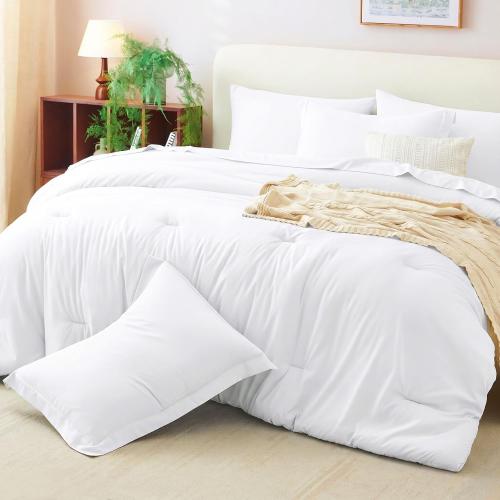 CozyLux Queen Comforter Set White, 7 Pieces Bed in a Bag Queen Comforter Set with Sheets, Luxury Soft Bedding Sets with Down Alternative Comforter, Fitted Sheet, Flat Sheet, Pillowcases & Shams