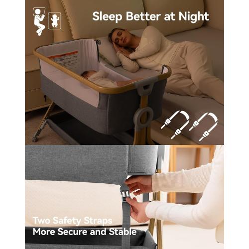 Larex Baby Bassinet Bedside Sleeper for Baby, Baby Crib Bed for Newborn Infant, Bedside Bassinet with Wheels, 5 Adjustable Height, Mosquito Net, Breathable Mattress and Mesh, Storage Basket and Bag