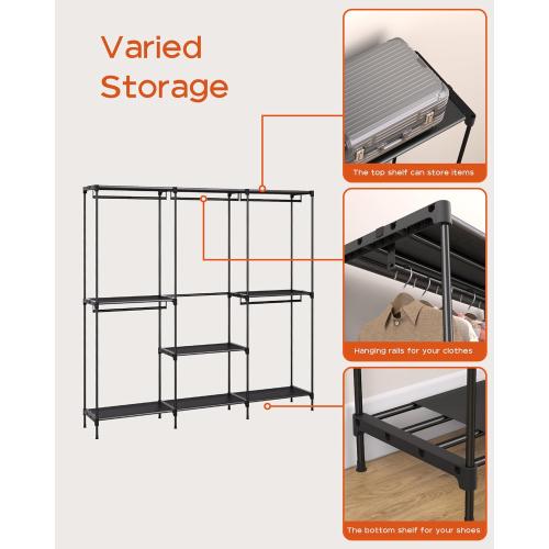 Clothes Rack, Portable Closet, 80.7 Inch Extra Large Capacity Wardrobe Closet, Clothes Storage Organizer with Shelves and 5 Hanging Rods, Easy to Assembly, Black PCT036B01