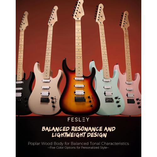 Fesley 39 Electric Guitar, Full Size Solid Body Electric Guitars For Beginner, ST Style, Maple Neck/Fretboard, Electric Guitar Kit With HSS Pickup, Gig Bag, Matte, Morandi Black