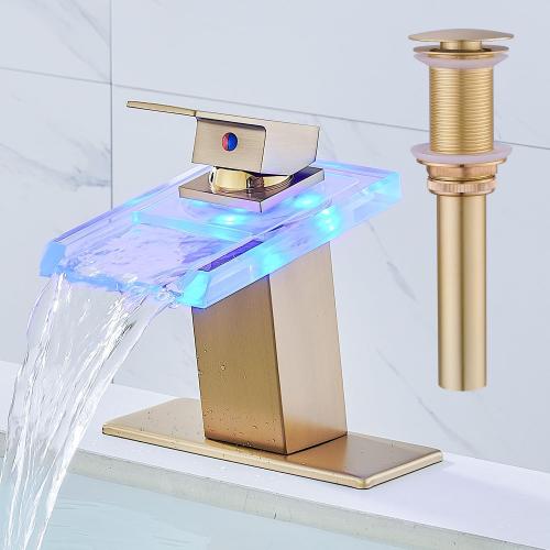 LED Bathroom Sink Faucet, Brushed Gold Waterfall Single Hole Handle Vanity Faucets for Sinks 1 Hole with Metal Pop Up Drain and 2 Water Supply Lines, Open Glass Spout