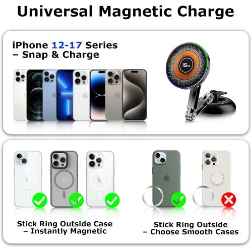 for 15W Magsafe Car Mount Charger, Magnetic Wireless Car Mount Charger with Vacuum 360°Adjustable Metal Head [120 LBS Strongest Suction], Cell Phone Holder for Your Car for iPhone 12–17 Series