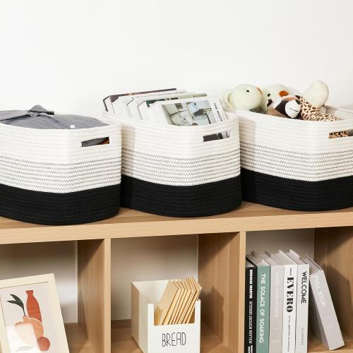Temary Woven Storage Baskets, Set of 4 Rope Baskets for Storage Clothes, Towels, Versatile Boho Storage Bins (White&Black