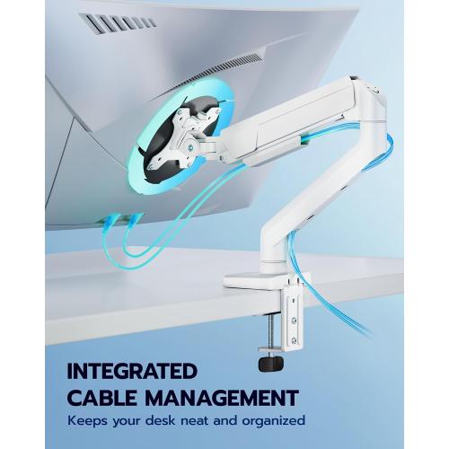 ARES WING Heavy Duty Single Monitor Arm - Fully Adjustable Monitor Mount for 17-40 Ultrawide Screens up to 26.4 lbs with Clamp/Grommet Desk Mount, 75/100 Vesa Mount, White