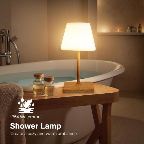 Cordless Table Lamp Waterproof,4000mAh Battery Rechargeable Desk Lamp for Indoor & Outdoor Use,3 Color-temps & Dimmable LED Night Light for Shower Bedroom Restaurant Bathroom Home 10.8H- Wood Grain