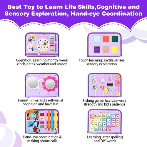 JHkim Busy Board Montessori Toys for Toddlers, Birthday Gifts for Girls, Autism Sensory Travel Toy, Educational Activity Busy Book, Preschool Learning Fine Motor Skills Toys,Purple