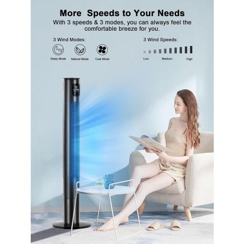 46 Tower Fan With Remote, 28ft/s Fan for Bedroom with 24 H Timer, 120° Oscillating Fan with 3 Speeds, 3 Modes, Portable Standing Bladeless Fans that Blow Cold Air for Room Home Office
