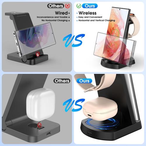 Wireless Charging Station for Samsung/Android, Fast Wireless Watch Charger Station Compatible for Samsung Galaxy S25 Ultra/S24/S23 /Z Flip 6/5 Fold 6/5, Watch7/6/Pro/Active 2 Galaxy Buds3/2 Pro(Dark)
