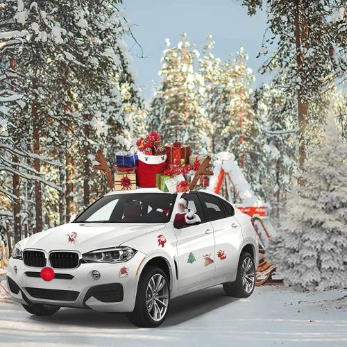Christmas Car Decoration Plush Rudolf Reindeer Car Antler and Red Nose Set with Jingle Bells, Reindeer Antlers for Cars