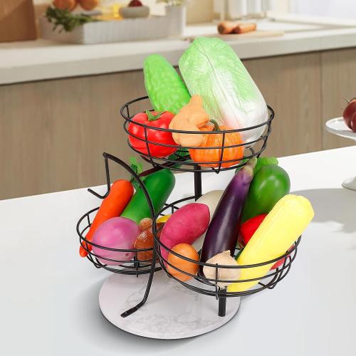 Livabber Fruit Basket Bowl with Banana Hanger, Metal Fruit Vegetable Storage Basket with Banana Holder for Kitchen Counter, Detachable Organizer for Bread Snack Produce (Black, 3-Tier Marble Base)