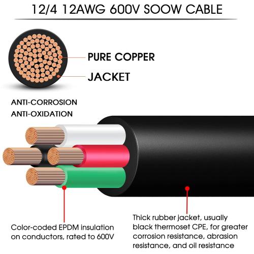 12/4 12 Gauge SOOW Wire 12 AWG SOOW Portable Power Cable 600V 4 Conductor 12/4 12 Gauge Extension Cord Electric Wire for Motor Lead,Generator,Welder,NEMA 14-20 RV Outlet Box,Car Battery Charger