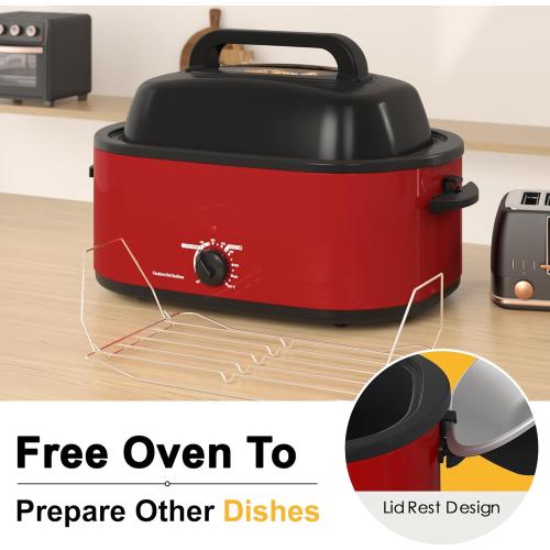 26 Quart Electric Roaster Oven with Visible & Self-Basting Lid, Large Turkey Roaster with Defrost Warm Function, Adjustable Temperature, Removable Pan Rack, Stainless Steel, Red