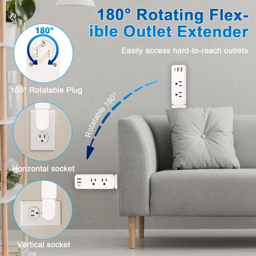 Outlet Extender Stick with USB-A & USB-C, 2 AC Outlets, Adjustable 22-34 Plug Extender, 180° Rotating Wall Outlet Extender for Hard-to-Reach Outlets Behind Sofa, Bed, Desk, Nightstand