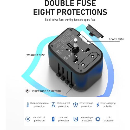 Universal Travel Adapter, VYLEE 5 in 1 International Power Adapter, 3.5A 2xUSB-A and 2xUSB C Wall Charger, Worldwide Travel Essentials Plug for Europe USA UK AUS Asia (Black Grey)