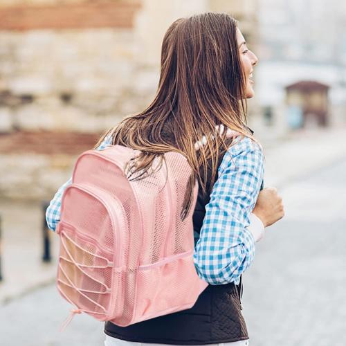 Heavy Duty Mesh Backpack, Semi-transparent Mesh Bookbag,See Through College Backpack with Bungee and Comfort Padded Straps for Commuting, Swimming, Beach, Outdoor Sports (Pink)