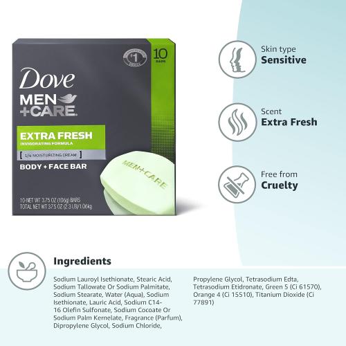 Dove Men Care 3 in 1 Bar To Clean and Hydrate Skin Extra Fresh More Moisturizing Than Bar Soap 3.75 oz 4 Bars (2PK)
