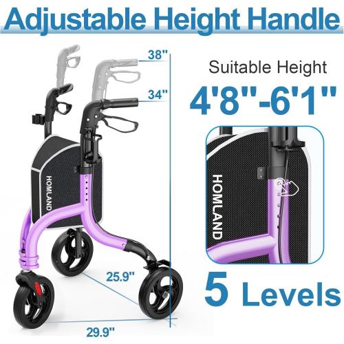 3 Wheel Walkers for Seniors, Foldable Wheeled Rollator with Cane Hold and Cup Hold, Lightweight Three Wheel Rolling Walker Height Adjustable for Seniors