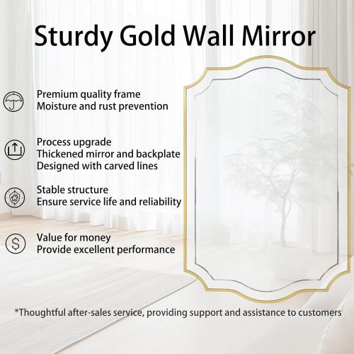 POZINO 36x24 Scalloped Wall Mirror with Gold Wood Frame | Irregular Rectangle Design, Horizontal/Vertical Hanging, Elegant Wavy Wall Mirror for Entryway Bedroom Bathroom Living Room