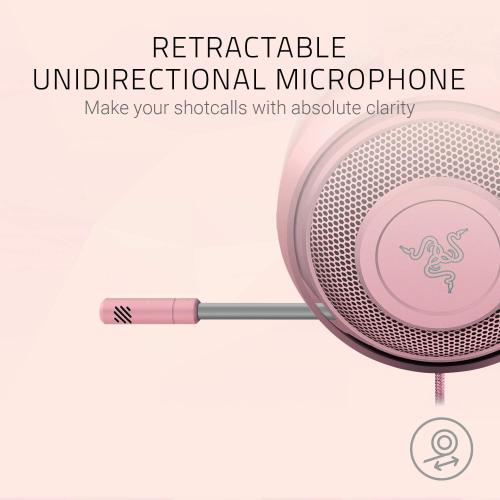 Pink and Grey Razer Kraken Gaming Headset: Lightweight Aluminum Frame, Retractable Noise Isolating Microphone, For PC, PS4, PS5, Switch, Xbox One, Xbox Series X & S, Mobile, 3.5 mm Audio Jack - Quartz Pink
