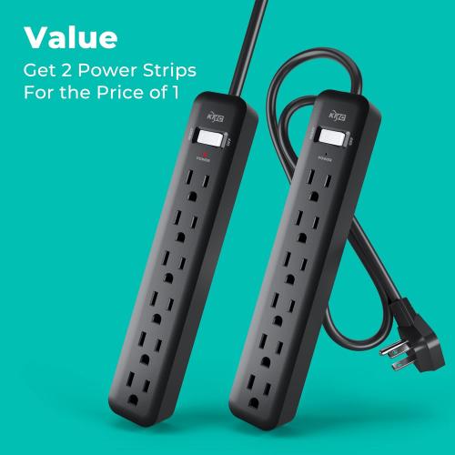 KMC 6-Outlet Power Strip, 2-Pack, Black Power Strips, 2ft Short Extension Cord with Multiple Outlets, 6 AC Power Outlet Strip, Flat Plug Powerstrip, 2pk, Black