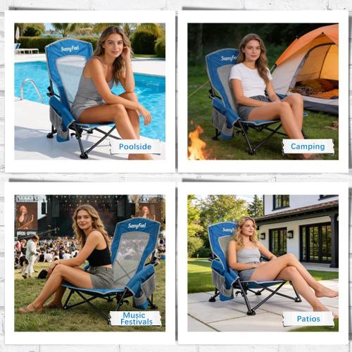 SUNNYFEEL Low Folding Beach Chair for Adults, Portable Lightweight Sling Beach Camping Chairs with Cup Holder, Armrest,Foldable Camp Lawn Chair for Outdoor Sand Concert Travel Sport Events,300LBS